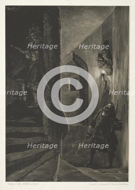 Essay on Stone with Brush and Scraper: Chase on the Winding Staircase, 1851. Creator: Adolph von Menzel (German, 1815-1905).