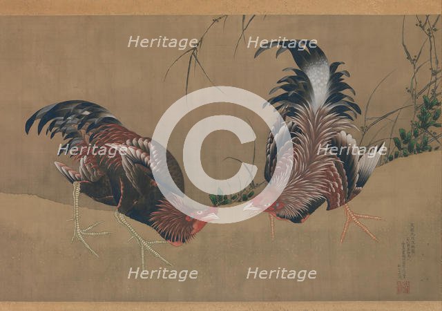 Gamecocks, dated 1838. Creator: Hokusai.