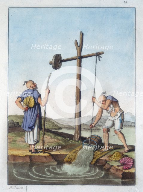 Raising water by means of a shaduf, China, 1825-1835. Artist: Unknown