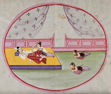 Burma: two figures reclining on a bed in a palace, while two servants pay homage, between 1800 & 189 Creator: Unknown.