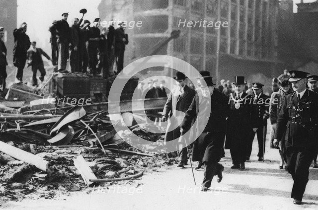 Winston Churchill (1874-1965) in Manchester following a bombing raid, 1945. Artist: Unknown
