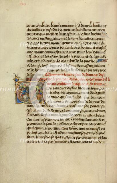 Initial V: King Tarsus Capturing the Sultan; Roman de Gillion de Trazegnies, 1464. Creators: Lieven van Lathem, David Aubert.