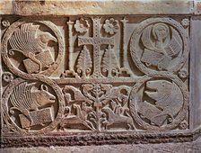 Bas-relief from the Baptistery of Saint Calixto (737-756). Detail of stucco with the symbols of t…