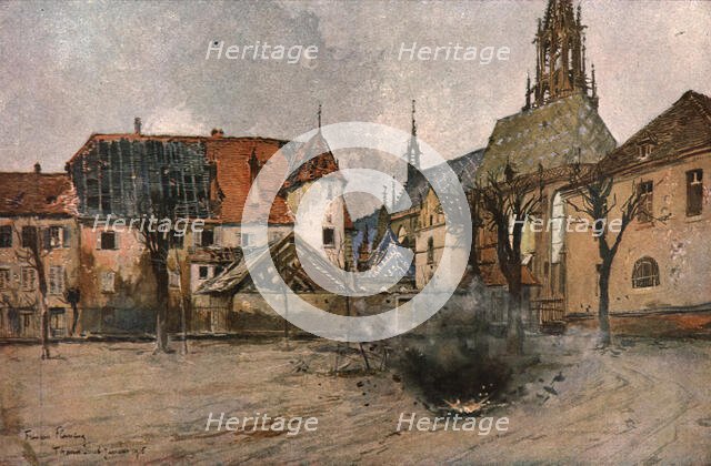 'En Alsace; Eclatement d'un obus allemand pres de l'eglise de Thann', 1915. Creator: Francois Flameng.