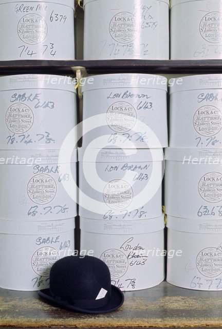 Bowler hat and hatboxes, Lock & Co, Hatters, St James's Street, London, 1968. Artist: Tony Evans