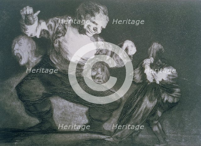 The Proverbs or The Follies, series of etchings by Francisco de Goya, plate 4: 'Bobalicón' (Simpl…