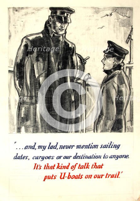 "..it's that kind of talk that puts U-boats on our trail", WWII poster, between 1939 and 1946. Creators: Central Office of Information, Unknown.
