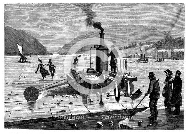 Cutting ice on the St Lawrence river, Canada, using a steam-powered saw, 1894. Artist: Unknown