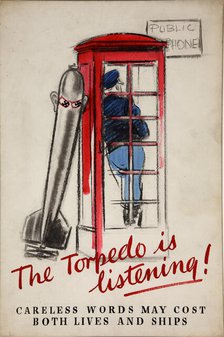 'The torpedo is listening! Careless words may cost...', WWII poster, between 1939 and 1946. Creators: Central Office of Information, Unknown.