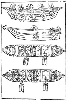 Various forms of paddle boats for use in war, 1483. Artist: Unknown