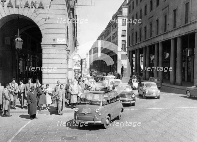 Fiat 600 Multipla leading a procession of Fiats, Italy, (late 1950s?). Artist: Unknown