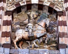 Equestrian figure on the façade of the Monastery of San Pedro de Cardena, Trappist abbey located …