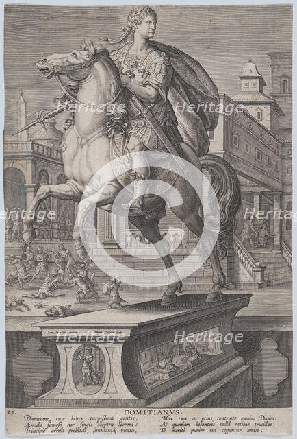 Plate 12: equestrian statue of Domitian, seen three-quarters to the left, with his ..., ca. 1587-89. Creator: Adriaen Collaert.