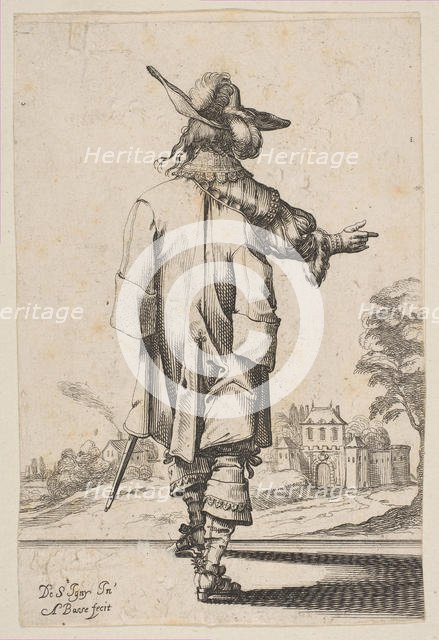 Gentleman Seen from the Back Pointing towards a Chateau, 1629. Creator: Abraham Bosse.