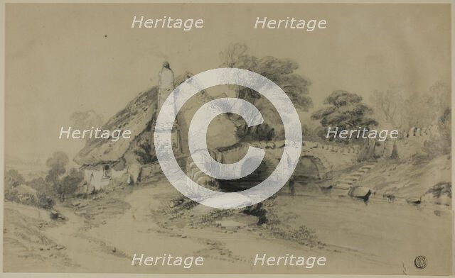 Farm with Thatched Roof Near Stone Bridge, n.d. Creator: Unknown.