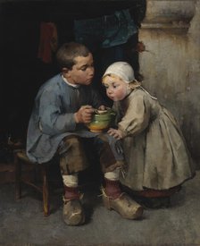 A Boy Feeding his Little Sister, 1881. Creator: Helene Schjerfbeck.