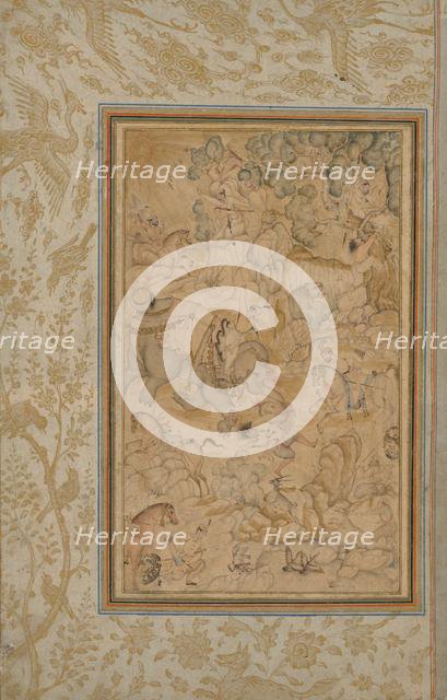 Princes hunting in a rocky landscape, c. 1580-85; borders added c. 1700s. Creator: Unknown.