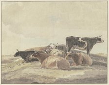 Six cows lying down and one standing on a hill. Creator: Andries Vermeulen.