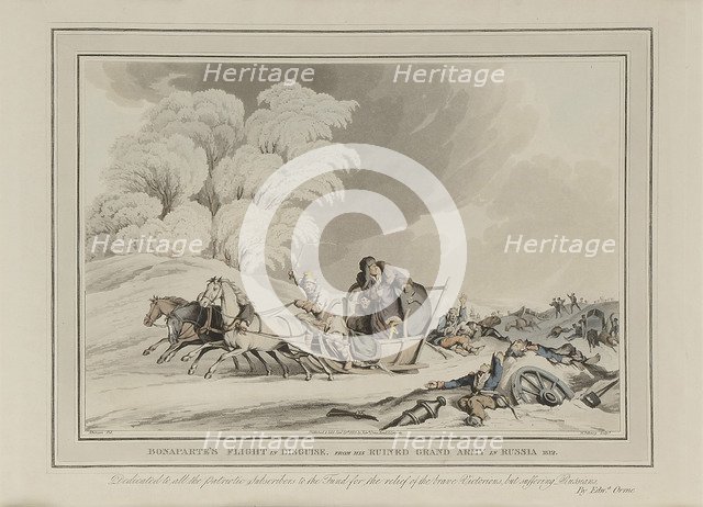 Napoleon retreats from Moscow. Cossacks attacking French soldiers.