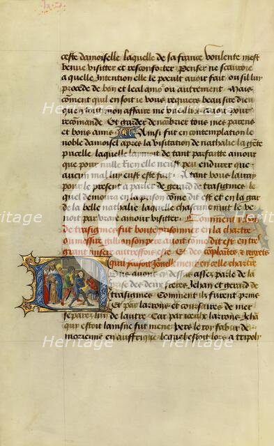 Initial N: Soldiers Dragging Gillion's Son Jean to Prison; Roman de Gillion de Trazegnies, 1464. Creators: Lieven van Lathem, David Aubert.