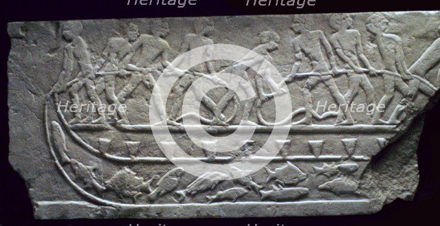 Egyptian relief of fishing from a boat with a net. Artist: Unknown