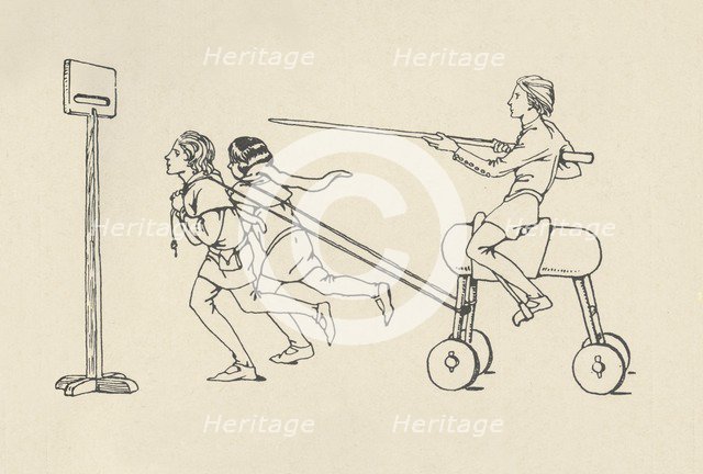 'Boys playing at Riding at the Quintain (Romance of Alexander, about 1340. Bodleian)', (1931). Artist: Charles Henry Bourne Quennell.