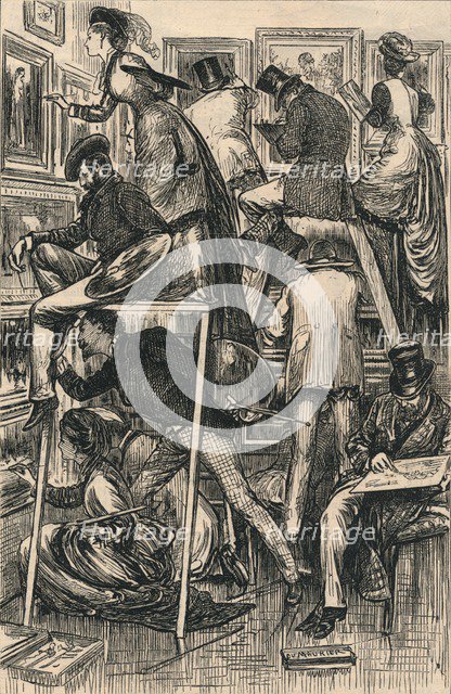 Varnishing Day at the Royal Academy, 1877. Creator: George du Maurier.