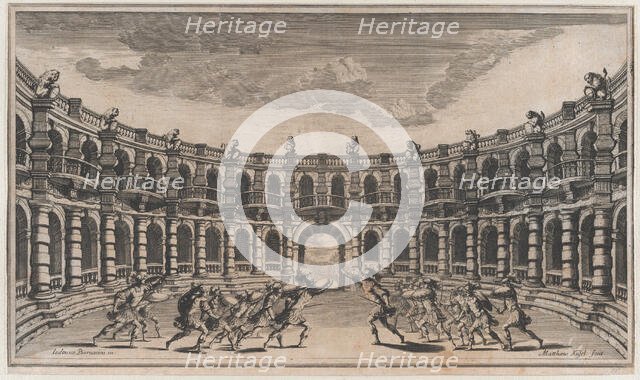 Amphitheater with two groups of soldiers running toward each other; set design from 'Il Po..., 1668. Creator: Mathäus Küsel.