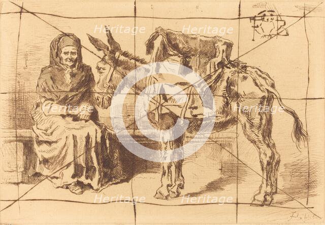 Cacoletière Assise (Seated Woman and Ass), 1875. Creator: Felix Hilaire Buhot.