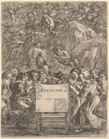 Frontispiece for 'The Works of Scarron' (Œuvres de Scarron); the poet sitting in a chair..., 1649. Creator: Stefano della Bella.
