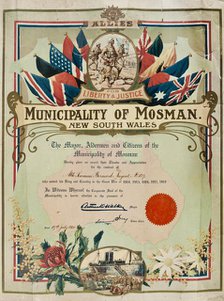 Certificate presented to Bernard Laurence 'Barney' Nugent from the Municipality of Mosman, July 1920 Creator: Murphy.