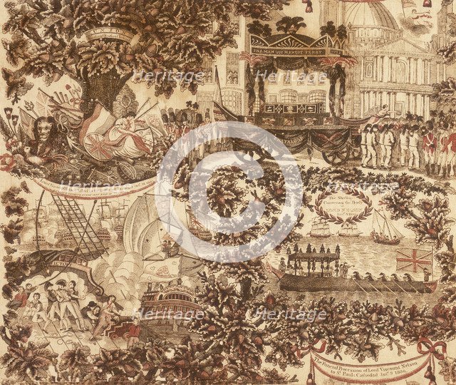 Printed linen panel depicting the funeral procession of Lord Viscount Nelson, 1806. Artist: Unknown