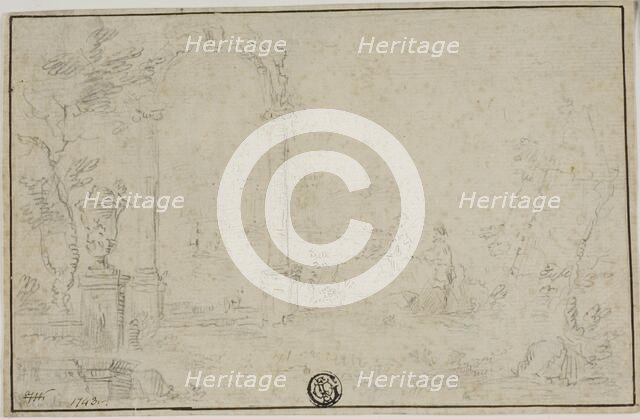 Ruins in a Park, Two Figures, n.d. Creator: Unknown.