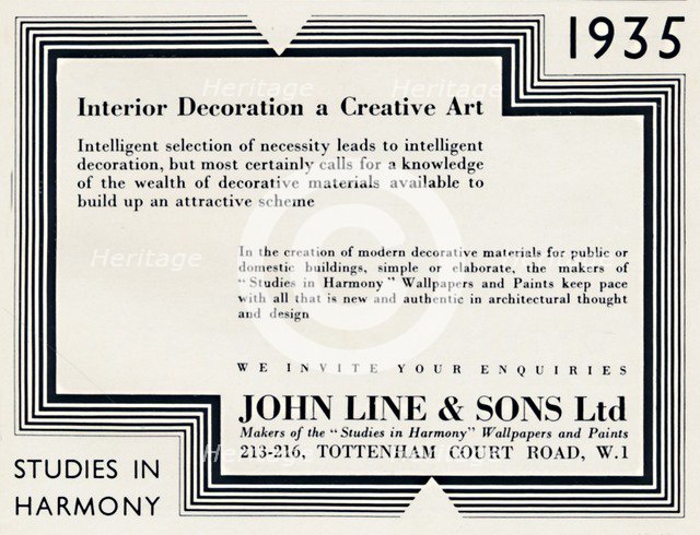 'Interior Decoration a Creative Art - John Line & Sons Ltd', 1935. Artist: Unknown.