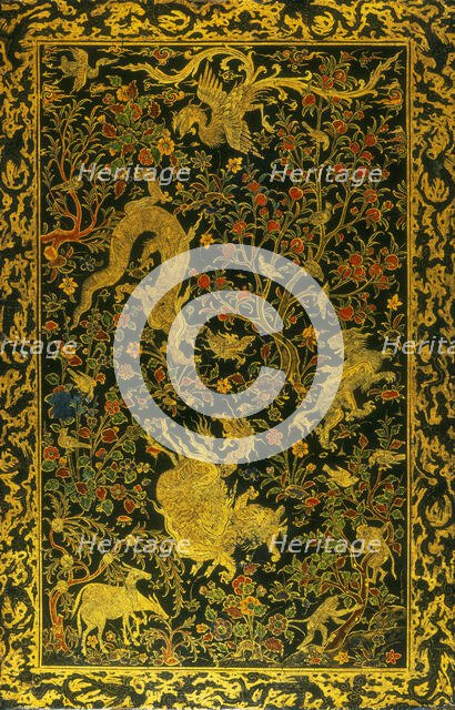 Dragons and other creatures, with floral decoration in gold. Creator: Unknown.