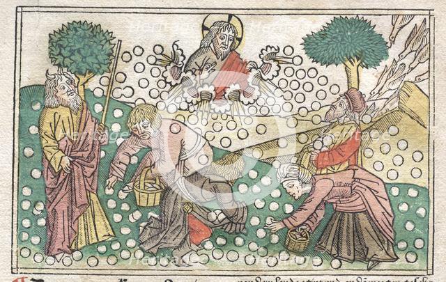 Nüremberg Bible: Manna Falling from Heaven, 1400s. Creator: Unknown.