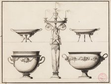 Design for a Candlestick in the Form of a Woman, Two Entree Cups..., between 1785 and 1789. Creator: Jean Guillaume Moitte.