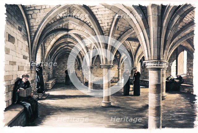 Monks in the common room of Battle Abbey, East Sussex, 12th century (c1990-c2010). Artist: Peter Urmston.