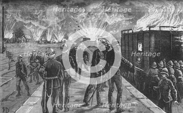 'Explosion at Cairo Railway Station:  Bursting of Shells and Ammunition', c1882-85. Artist: Unknown.