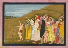 Krishna and his family admire a solar eclipse, perhaps a page from the "Kangra/Modi"..., 1775-1780. Creator: Unknown.