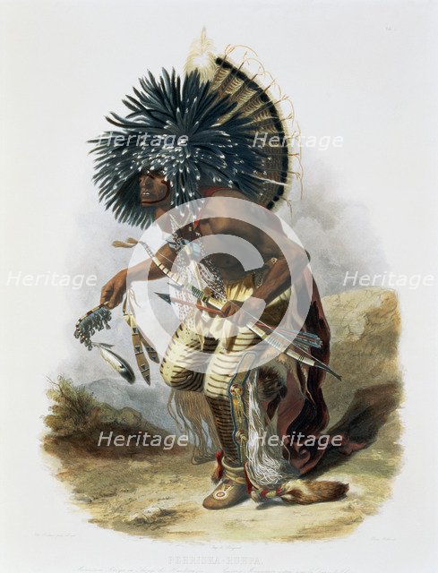 'Pehriska-Ruhpa, Minatarre Warrior in the Costume of the Dog Dance', 1843. Artist: Rene Rollet