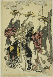 Komurasaki of the Kadotamaya with Attendants Hatsune and Shirabe, c. 1791. Creator: Hosoda Eishi.