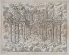Plate 2 [counterproof]: Stage set with allegorical figures seated among the clouds, with a..., 1690. Creator: Giovanni Antonio Lorenzini.