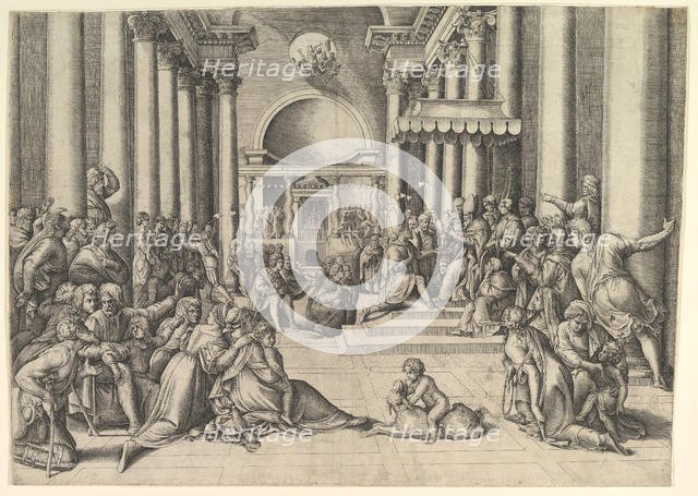 Constantine Presenting the City of Rome to the Holy See, at right, many spectators ..., ca. 1530-61. Creator: Battista Franco Veneziano.