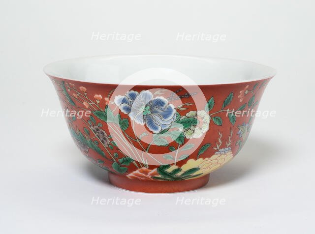 Bowl with Flowers on a Coral-Red Ground, Qing dynasty, Yongzheng reign, (1723-1735). Creator: Unknown.