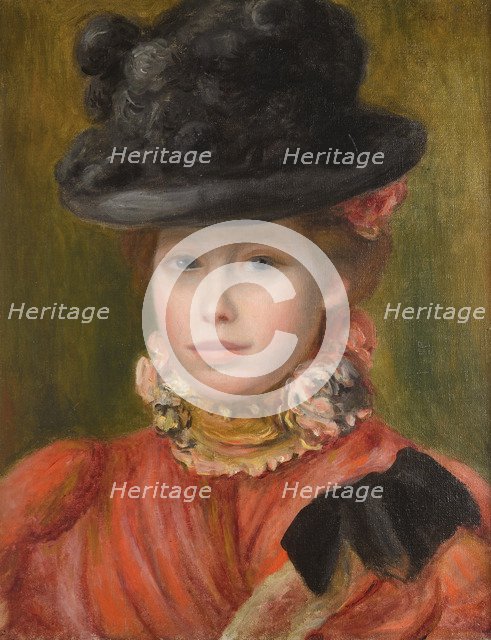 Girl in black hat with red flowers, c. 1890. Artist: Renoir, Pierre Auguste (1841-1919)