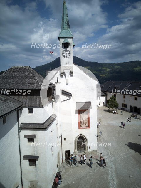 Looking down onto the Chapel and square in the Festung Hohensalzburg, 2022. Creator: Ethel Davies.