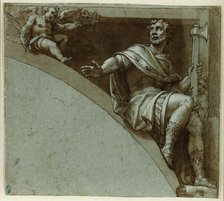 Design for a Spandrel: A Roman Martyr and Two Putti-Saint Jude the Apostle, 1573/75. Creator: Livio Agresti da Forlì.