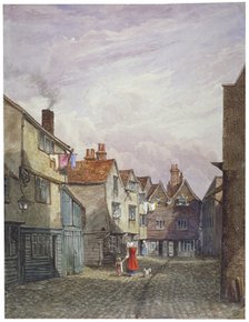 View of a woman and a child walking down Crown Court, Bermondsey, London, c1825. Artist: W Barker