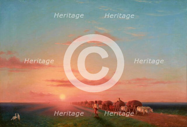 Expansive Landscape with the Ox-carts, 1858. Creator: Aivazovsky, Ivan Konstantinovich (1817-1900).